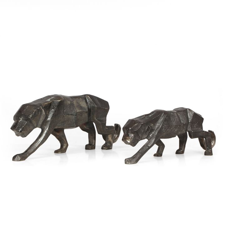 Tabletop Leopard Figurine Set of 2, Textured Finish, Black Aluminium - Benzara