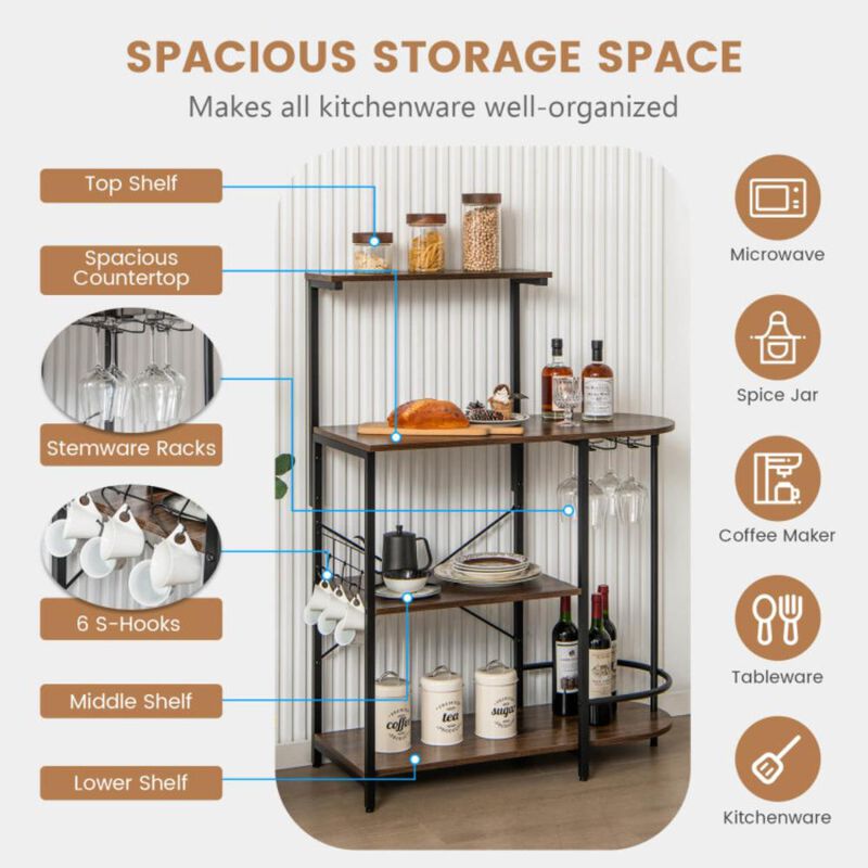 Hivvago 4-Tier Kitchen Bakers Rack with 6 S-Hooks and Stemware Racks-Rustic Brown