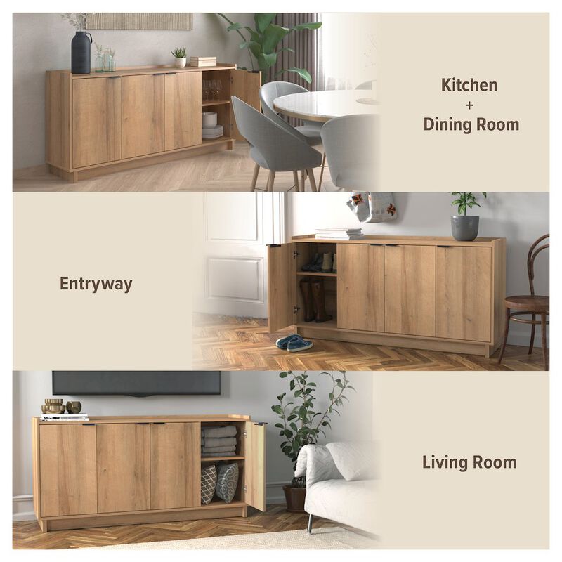 Prepac Simply Modern 4-Door Console Table Natural Oak Engineered Wood Sideboard