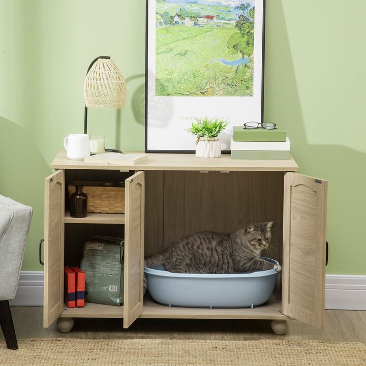 Oak Pet Furniture: Cat Litter Box Side Table with Rattan Detail