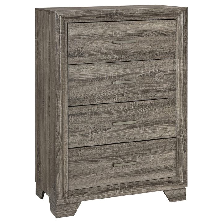 Reay Tall Dresser Chest, Brown Oak, 4 Drawers Silver Metal handles - Benzara