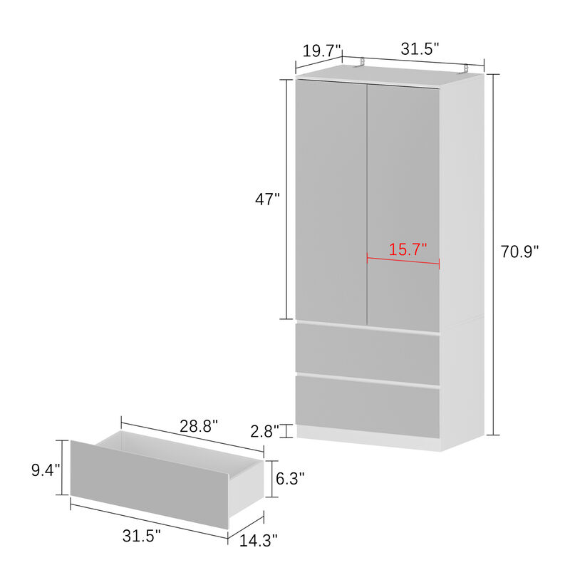FUFU&GAGA Bedroom Double Door Three Drawer Storage Mirrored Wardrobe (31.5"W x 19.7"D x 70.9"H) White