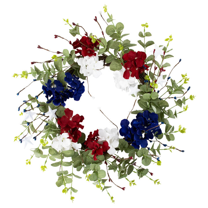 Red  white and Blue Hydrangea and Eucalyptus Patriotic Artificial Wreath