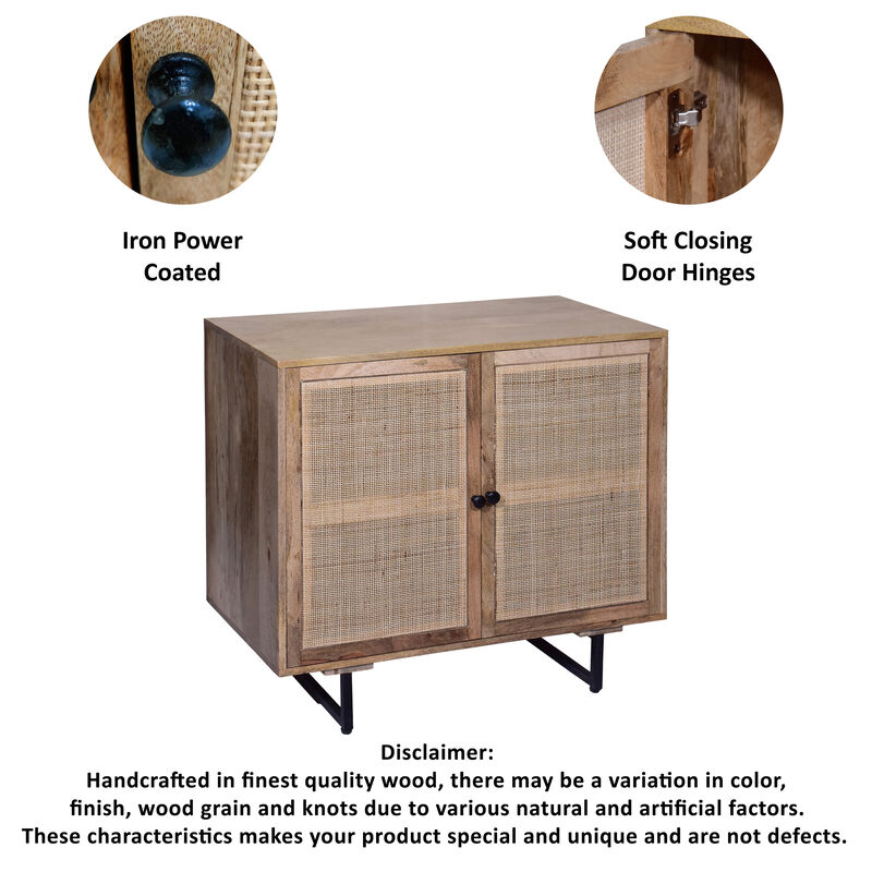 35 Inch Handcrafted Accent Cabinet with 2 Mesh Rattan Doors, Black Iron Legs, Natural Brown Mango Wood Frame-Benzara