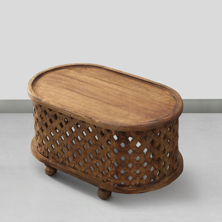 36 Inch Handcrafted Oval Coffee Table, Intricate Cutout Design, Antique Brown-Benzara