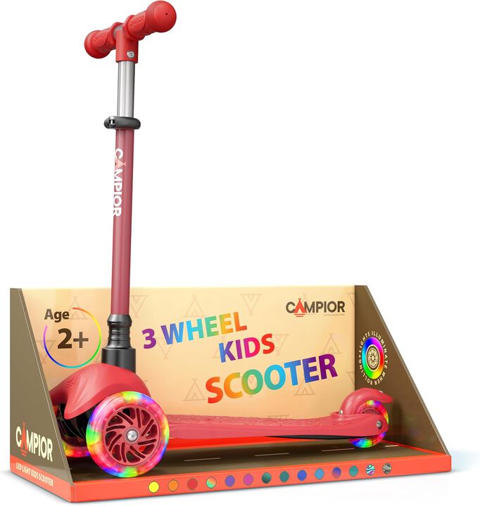 Mini 3 Wheel Scooter for Kids – Lean-to-Steer Kick Scooter with LED Light-Up Wheels, Adjustable Handlebar, Wide Anti-Slip Deck, Smooth PU Wheels, Rear Foot Brake – Toddler Scooter for Ages 2+