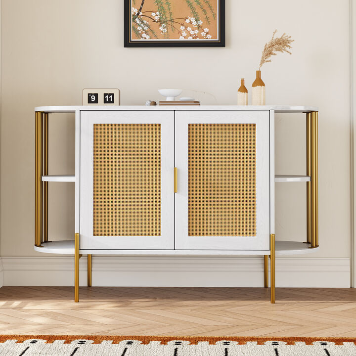 2-Door Elegant Curved Dining Cabinet with Gold Trim and Woven Rattan Doors for Dining Room