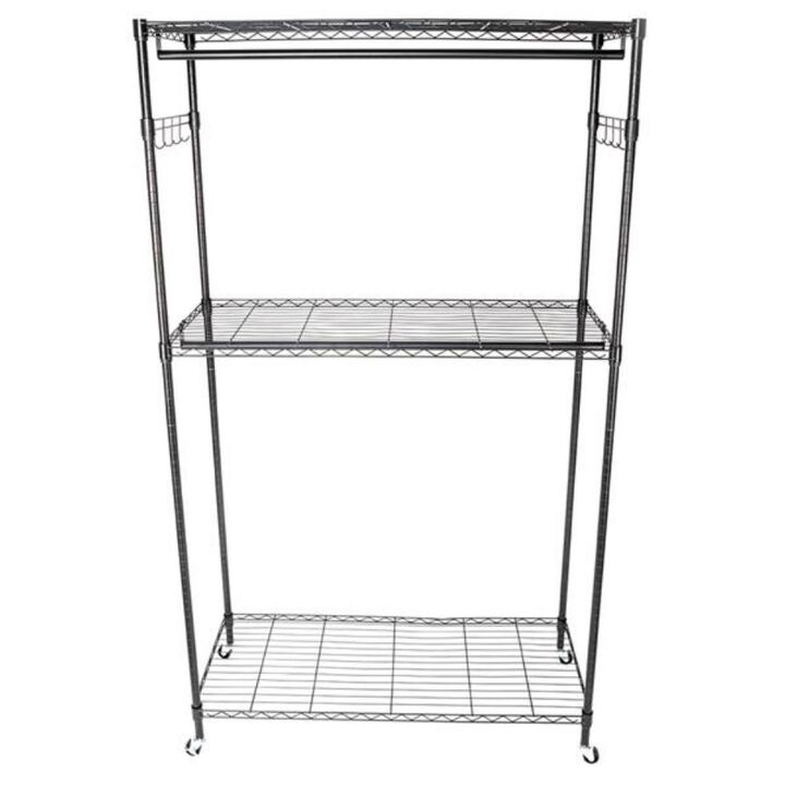 2-Tier Rod Closet Organizer Garment Rack with Clothes Storage, Hanger Shelf & Hooks