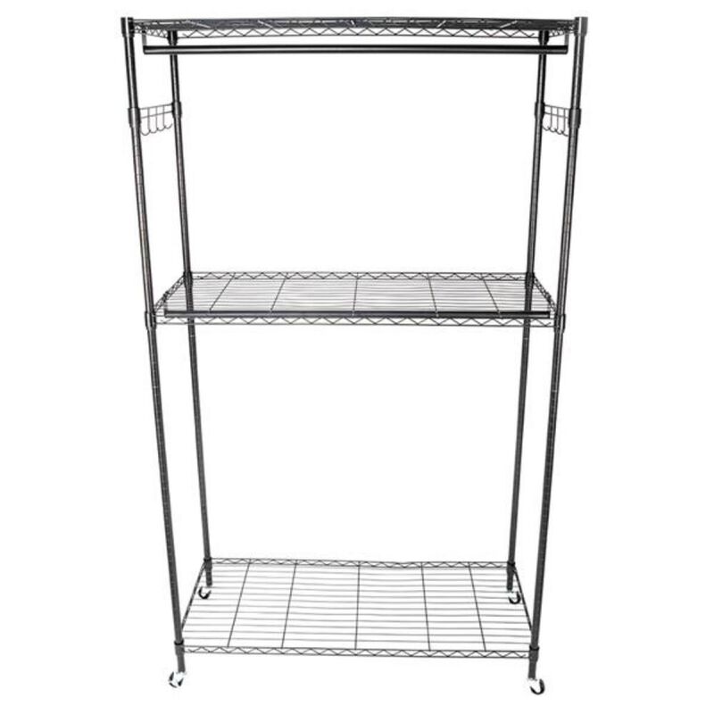 2-Tier Rod Closet Organizer Garment Rack with Clothes Storage, Hanger Shelf & Hooks