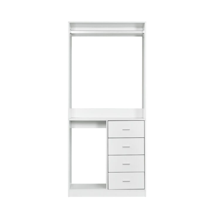 Wooden Closet System: Walk-in Closet Organizer System Free Standing with 4 Drawers Closet Kit with Shelves Hanging Rod Small Built-in Clothe Storage Organization 31.5"W x 15.7"D x 70.8"H