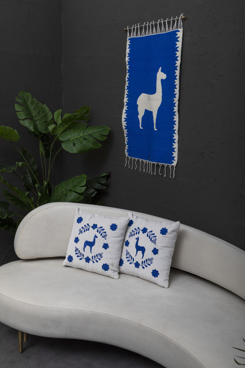 LLAMA Hand Embroidered Decorative Pillows in Ivory Upholstery by ANDEAN, Set of 2, In Stock