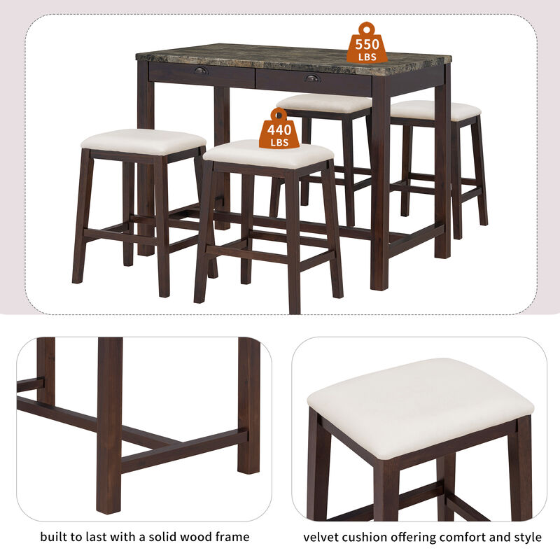 Merax 5-Piece Modern Faux Marble  Bar Table Dining Set