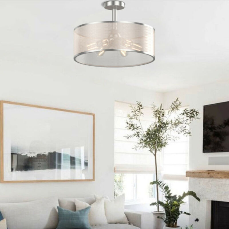 6-Light Semi Flush Mount Ceiling Light Pendant Lamp with Fabric Drum-shaped Shade