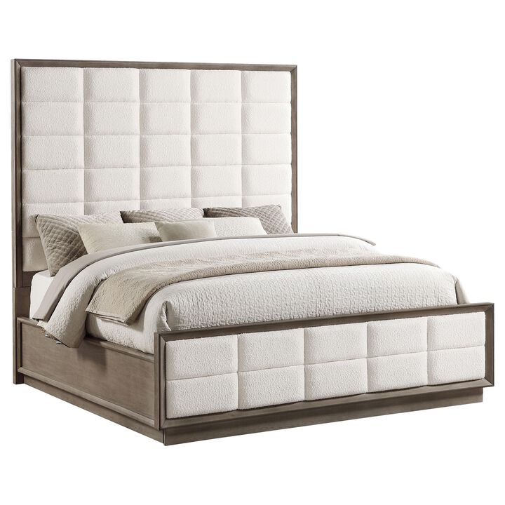 Lyni King Size Bed, Grid Tufted Headboard, Ivory Upholstery, Oak Brown - Benzara