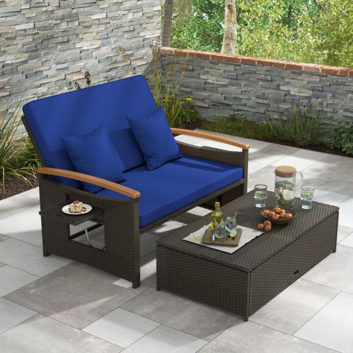 Hivvago Outdoor Wicker Daybed with Folding Panels and Storage Ottoman