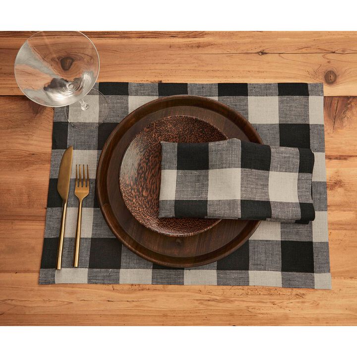 Solino Home 100% Pure Linen 14 x 19 Inch Placemats Set of 4 | Buffalo Check