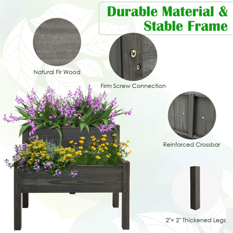 2 Tier Wooden Elevated Planter Box with Legs and Drain Holes for Balcony and Yard