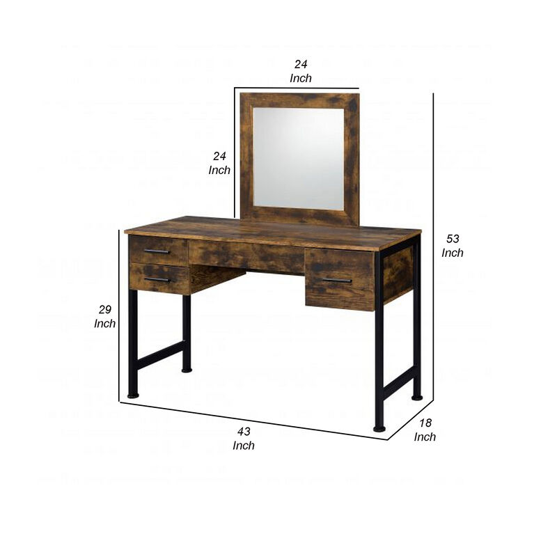 Vanity Desk with 4 Drawers and Square Mirror, Brown and Black-Benzara