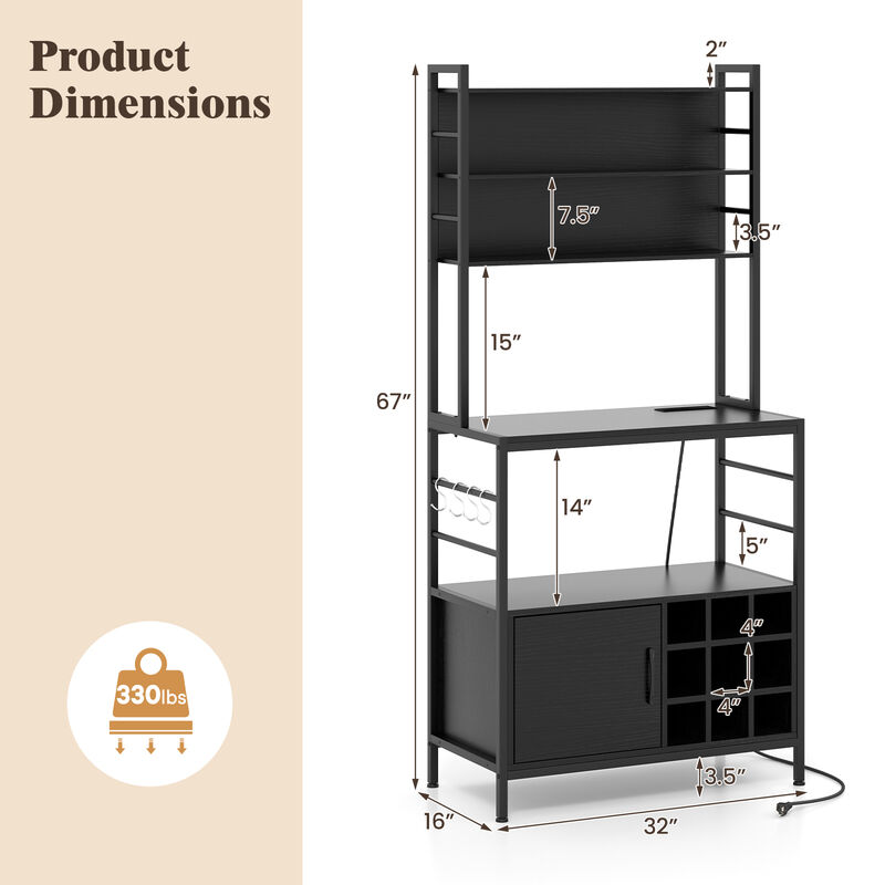 Coffee Bar Cabinet with S-Shaped Hooks and Wine Bottle Holders