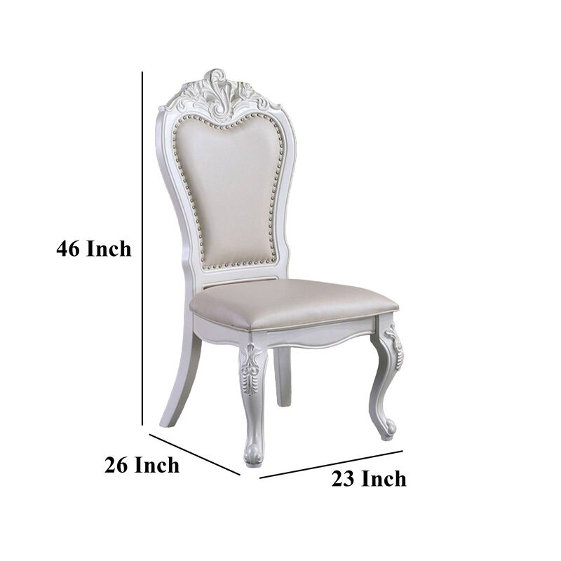 Zenie Dining Side Chair Set of 2, Carved Cabriole, Faux Leather, White Wood