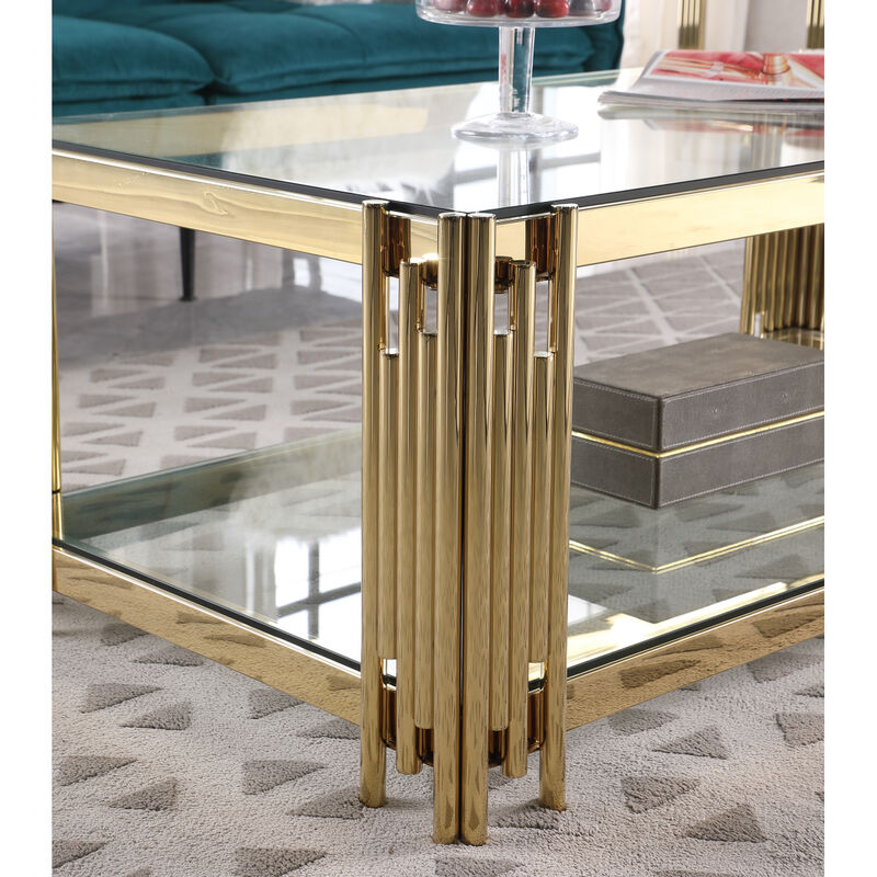 Furniture Wide Square End Table With Glass Top, Golden Stainless Steel Tempered Glass