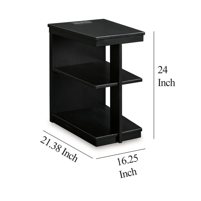 Wendy Chairside End Table, 2 Shelves, USB Port, 21 Inch Black Wood - Benzara