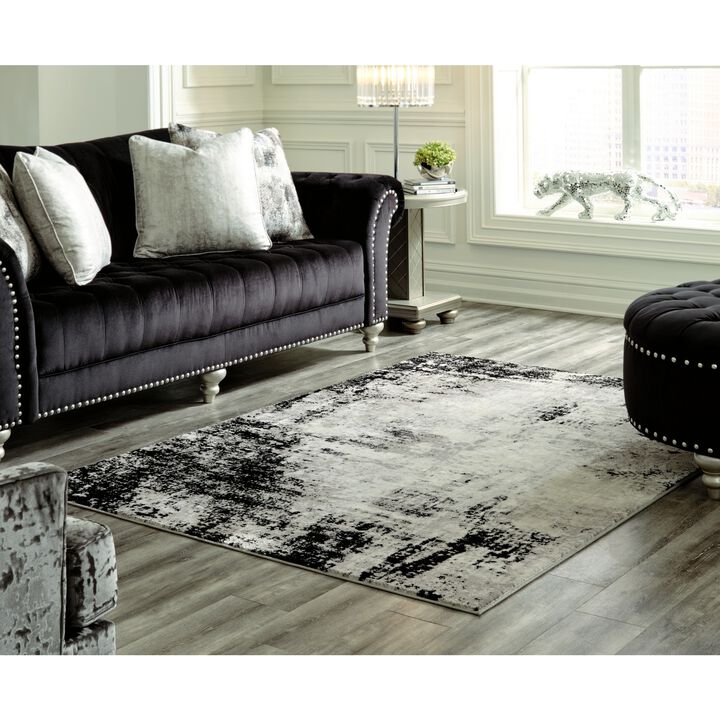 Jude 5 X 7 Modern Area Rug, Abstract Art Design, Fabric, Medium, Black Gray - Benzara