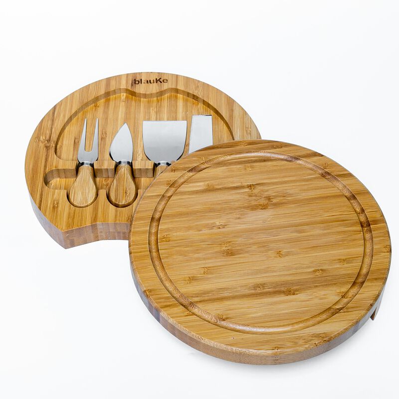 Bamboo Cheese Board and Knife Set - 10 Inch Swiveling Charcuterie Board with Slide-Out Drawer