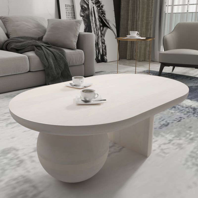 38 Inch Coffee Table, Oblong Mango Wood Top with a Modern Ball Leg, Washed White - Benzara