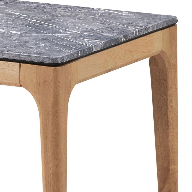 Aris Side End Table, 24 Inch Gray Faux Marble, Square Light Oak Wood - Benzara