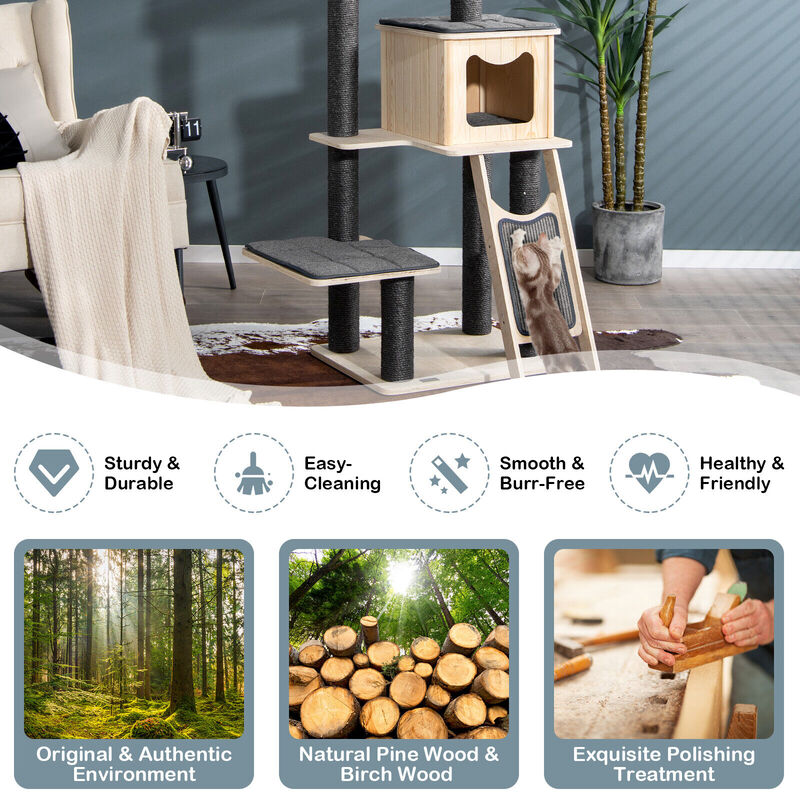 5-Tier Modern Wood Cat Tower with Washable Cushions-Grey