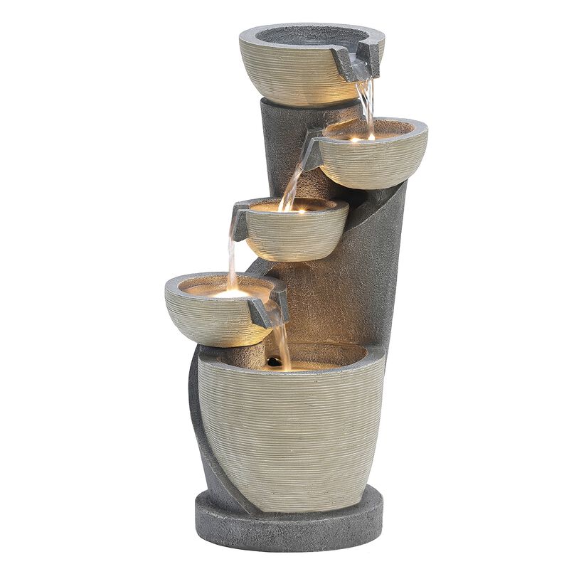 LuxenHome Gray Cascading Bowls and Column Resin Outdoor Fountain with LED Lights