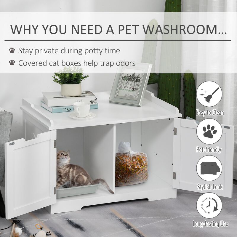 White Cat Bathroom: Wooden Litter Box Enclosure with Storage and Table