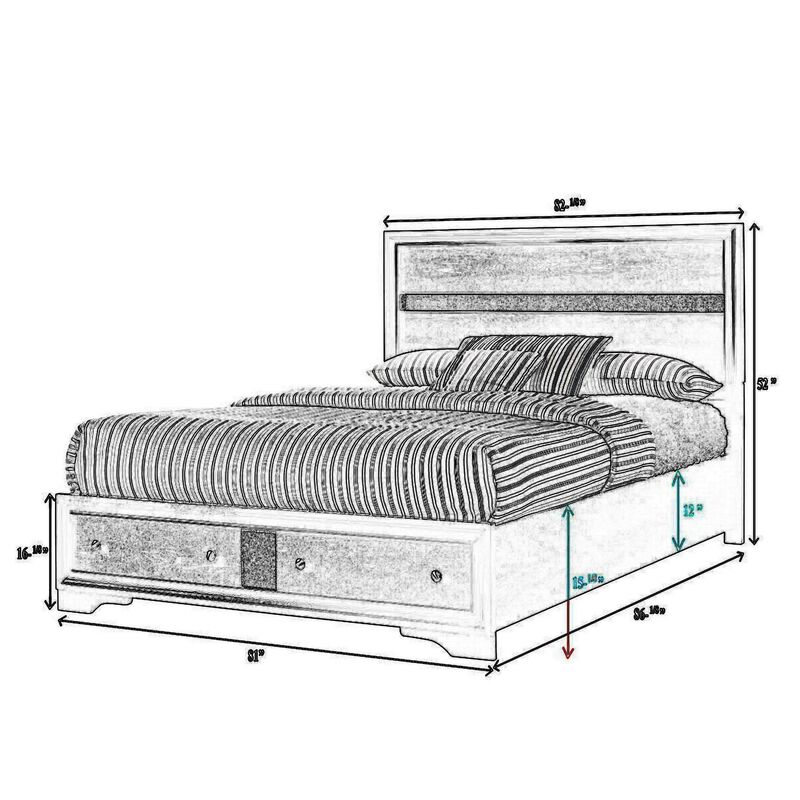 Benjara Regi King Size Bed, 2 Storage Drawers, Striped Headboard, Wood, Black and Silver