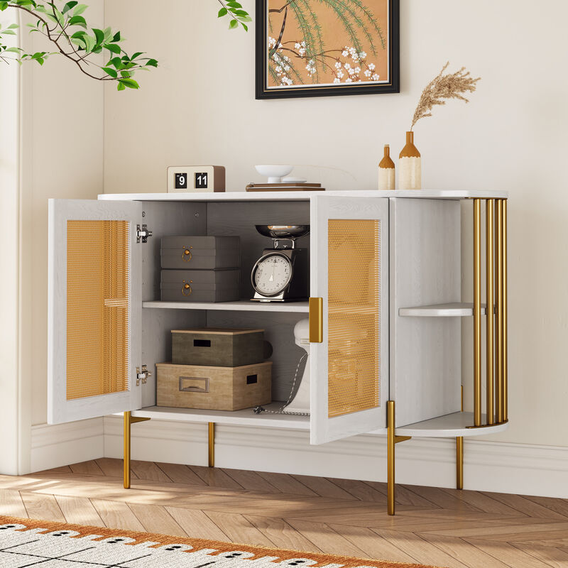 Clihome 2-Door Elegant Curved Dining Cabinet with Gold Trim and Woven Rattan Doors for Dining Room (White)