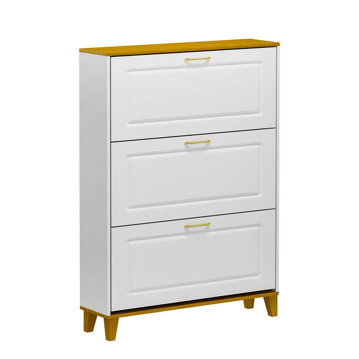 FUFU&GAGA Modern White & Wood 3-Tier Shoe Cabinet (35.4" W x 9.4" D x 47.2" H), White