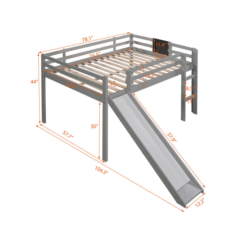 Full Size Loft Bed Wood Bed with Slide, Stair and Chalkboard