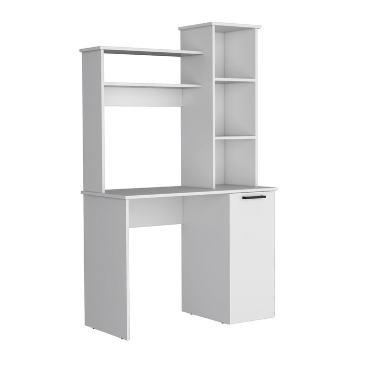 DEPOT E-SHOP Muncy Computer Desk with Ample Work Surface, Hutch Storage and Single Door Cabinet with 3-Tier Shelves, White