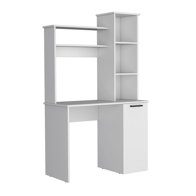 DEPOT E-SHOP Muncy Computer Desk with Ample Work Surface, Hutch Storage and Single Door Cabinet with 3-Tier Shelves, White