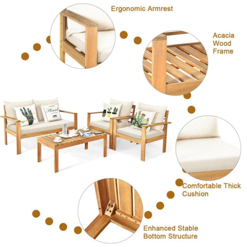 Hivvago Outdoor 4 Pieces Acacia Wood Chat Set with Water Resistant Cushions