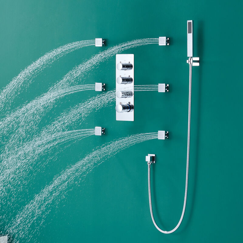 Mondawe Thermostatic LED Light 3 Functions Wall Mounted Shower System with 6 Body Jets and Rough-in Valve in Chrome