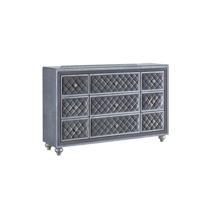 Benjara Rall 61 Inch Wide Dresser with Mirror, 9 Drawers, Modern, Turned Legs, Gray and Silver