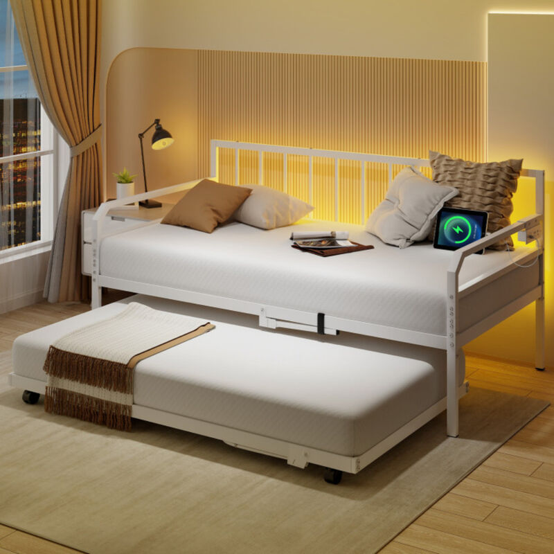 Adjustable Metal Twin Size Daybed with Charging Station and LED Light