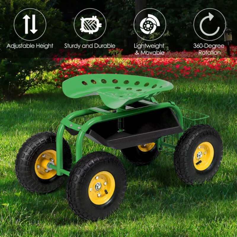 Hivvago Red/Green Garden Cart Rolling Work Seat With Heavy Duty Tool Tray Gardening Planting