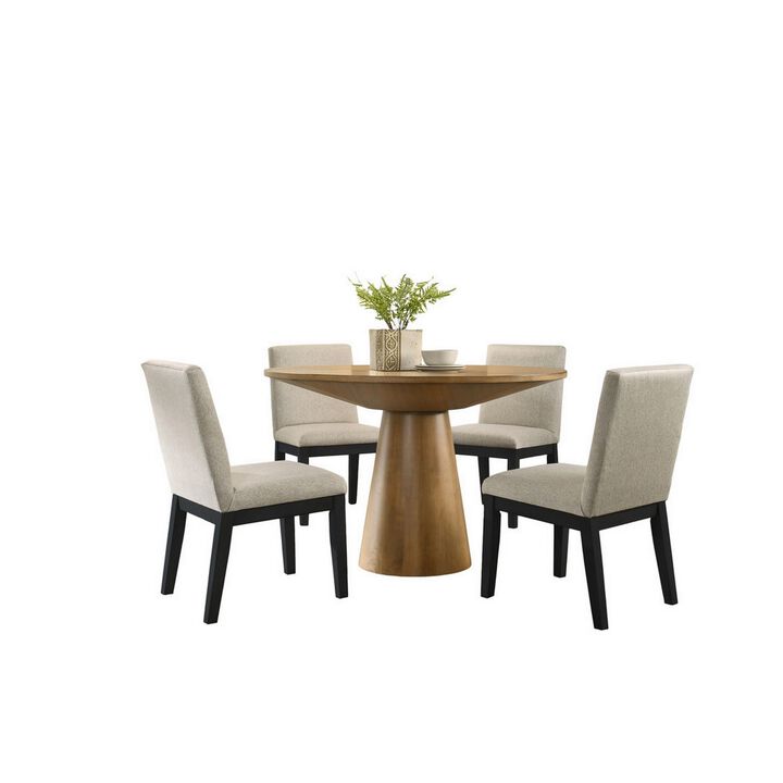 Yuvi 5 Piece Dining Table and Chair Set, Brown Round Top, Beige, Black - Benzara