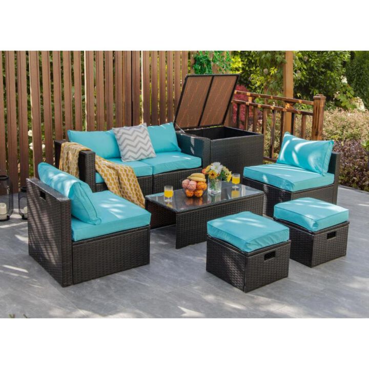 Hivvago 8 Pieces Patio Space-Saving Rattan Furniture Set with Storage Box and Waterproof Cover