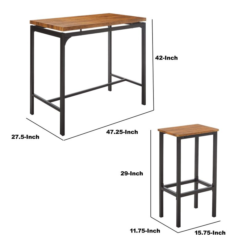 5 Piece Wooden Bar Table and Bar Stools with Metal Legs, Brown and Black - Benzara