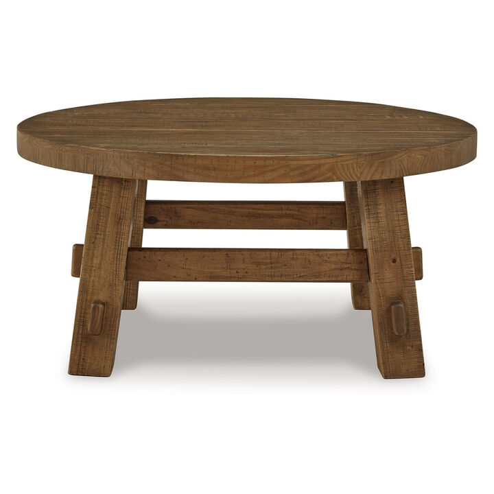 Ack Round Cocktail Coffee Table, Block Legs, 40 Inch Brown Pine Wood - Benzara