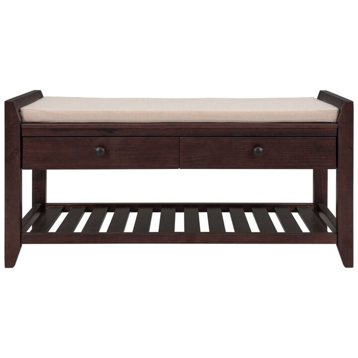 Shoe Rack With Cushioned Seat And Drawers, Multipurpose Entryway Storage Bench (Espresso)