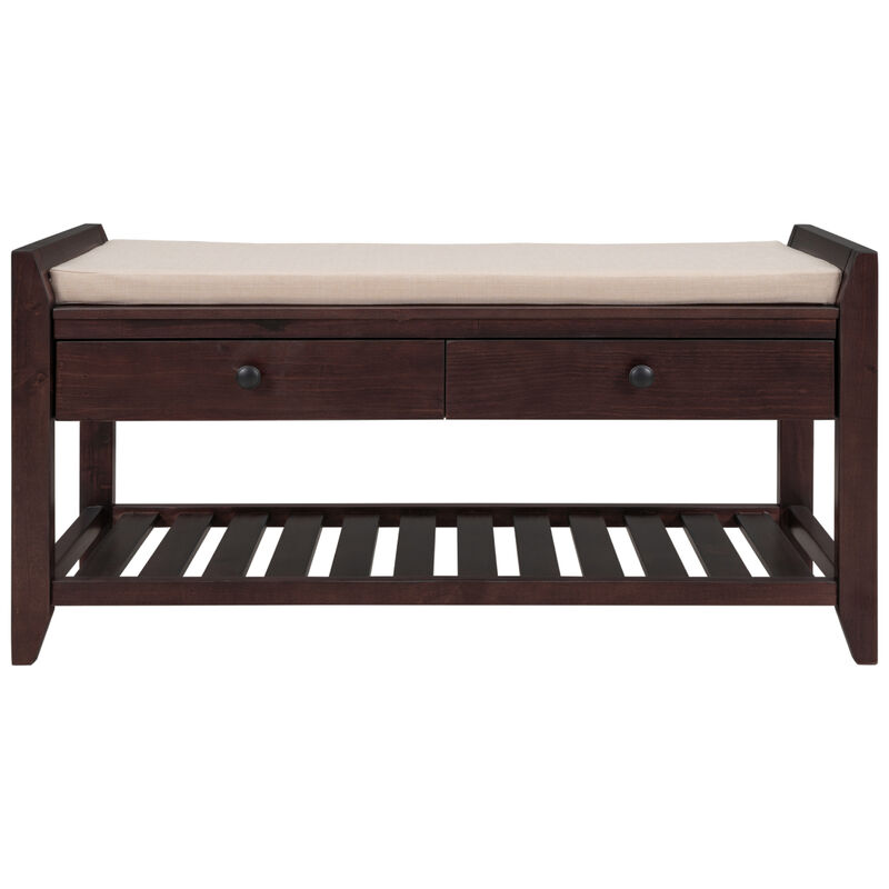 Shoe Rack With Cushioned Seat And Drawers, Multipurpose Entryway Storage Bench (Espresso)
